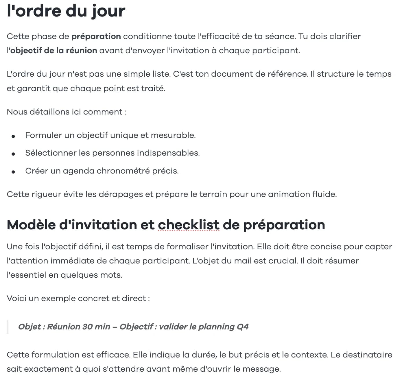 French first draft on “running an effective meeting” in the editor: informal “tu” form of address, agenda and invitation template