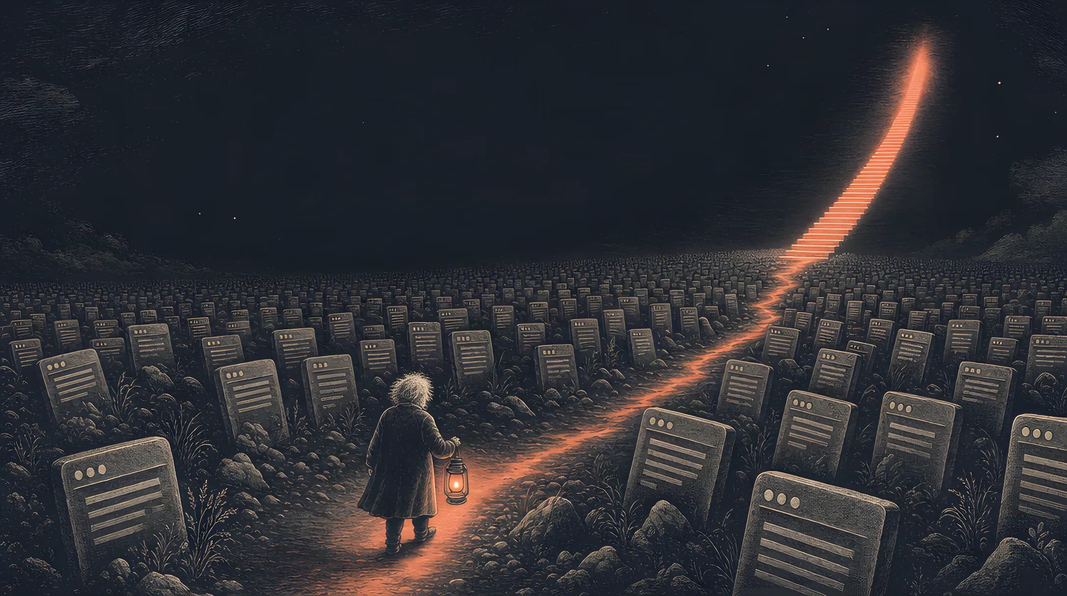 Engraving: Albert, seen from behind, lights a plain of forgotten results with his lantern and brings one page back