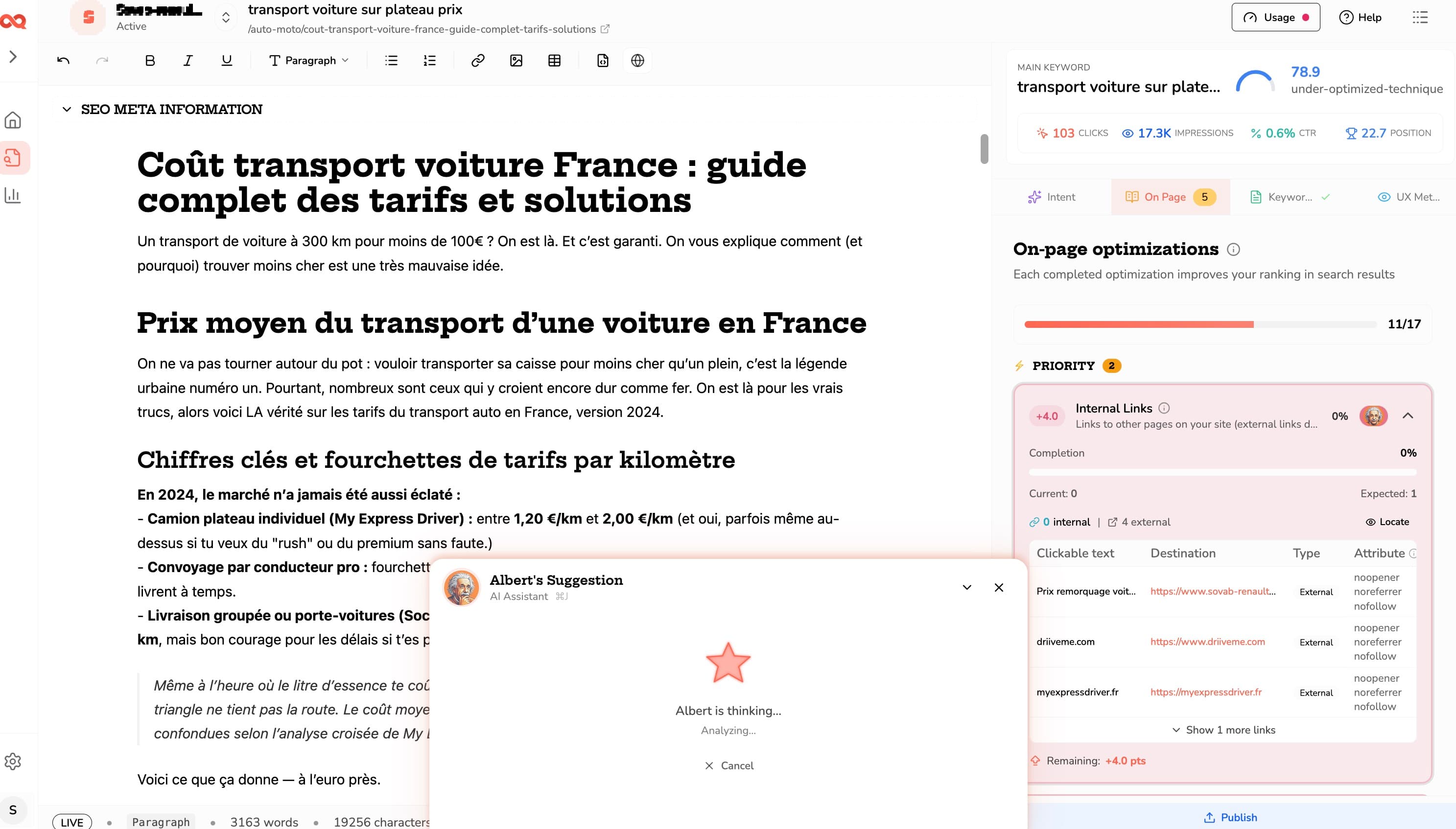 SEO editor with Albert AI suggestions